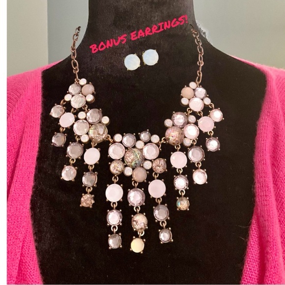 Set Of Boho Faux Moonstone and Abalone Bib Necklace + Stud Earrings - Picture 2 of 13